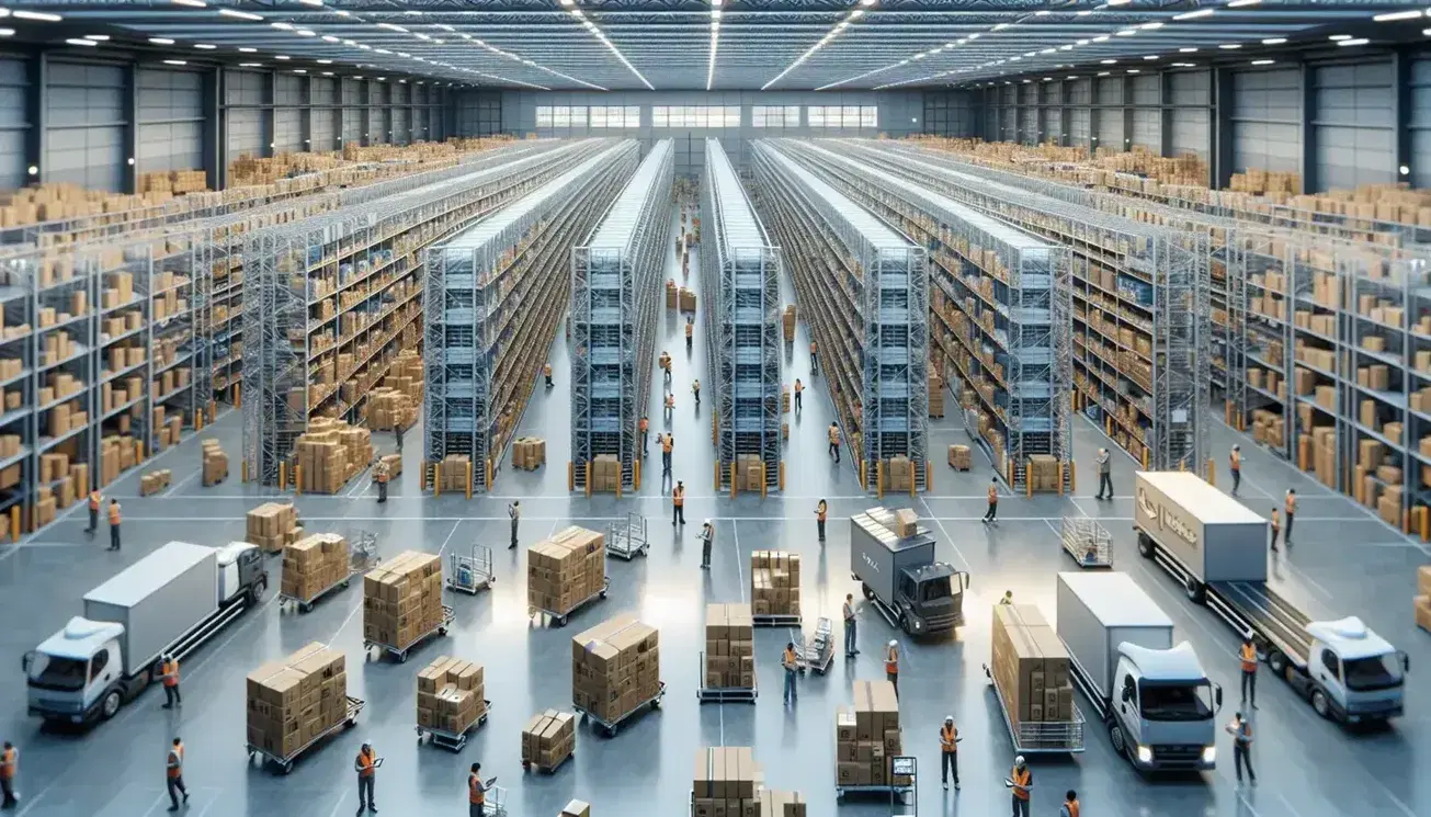 Vista aérea de un centro de distribución con estantes metálicos llenos de cajas, trabajadores gestionando mercancía y camiones en plataformas de carga.