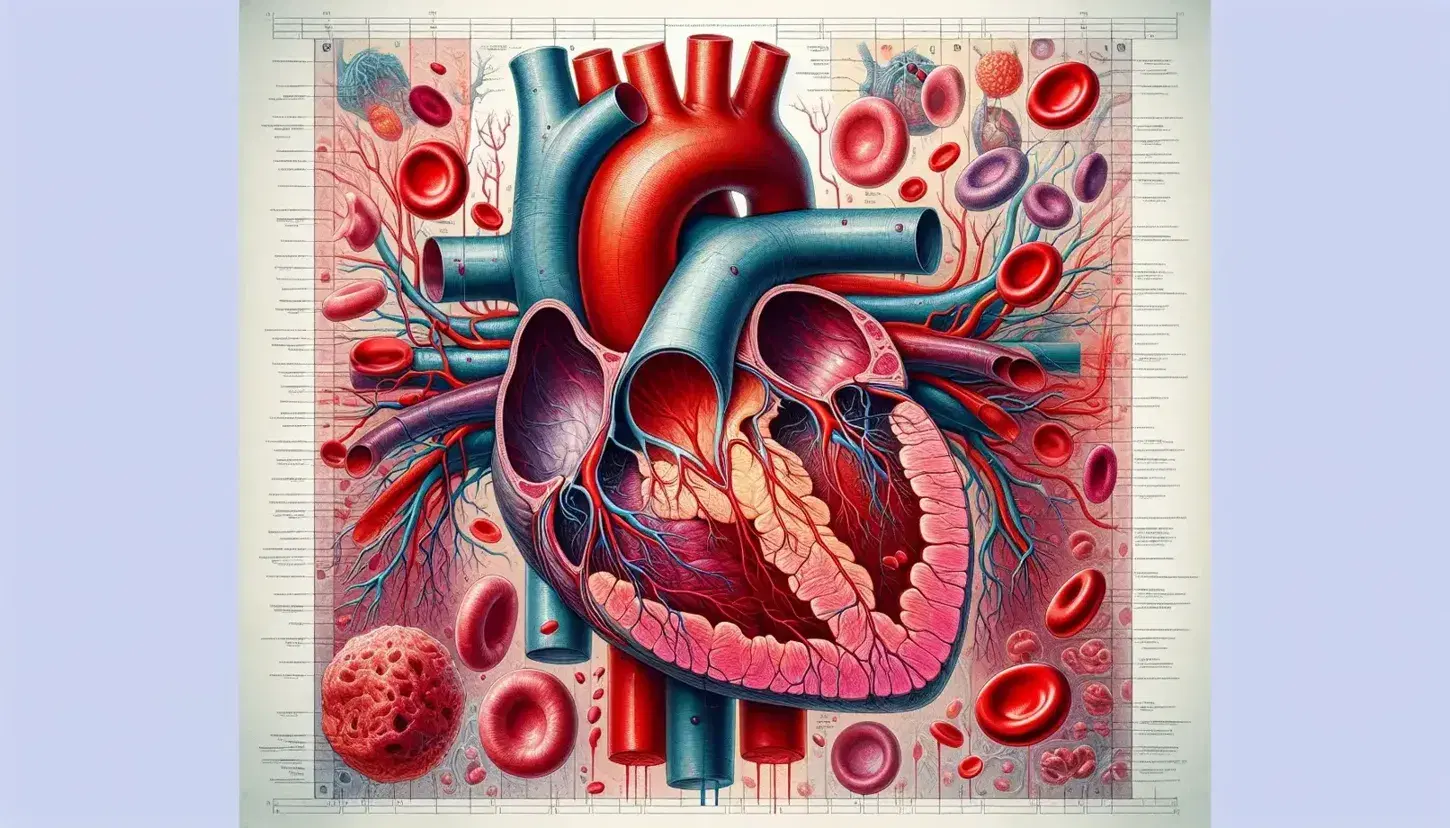 Sezione trasversale dettagliata del cuore umano con camere, vasi sanguigni colorati e rappresentazione di globuli e piastrine.