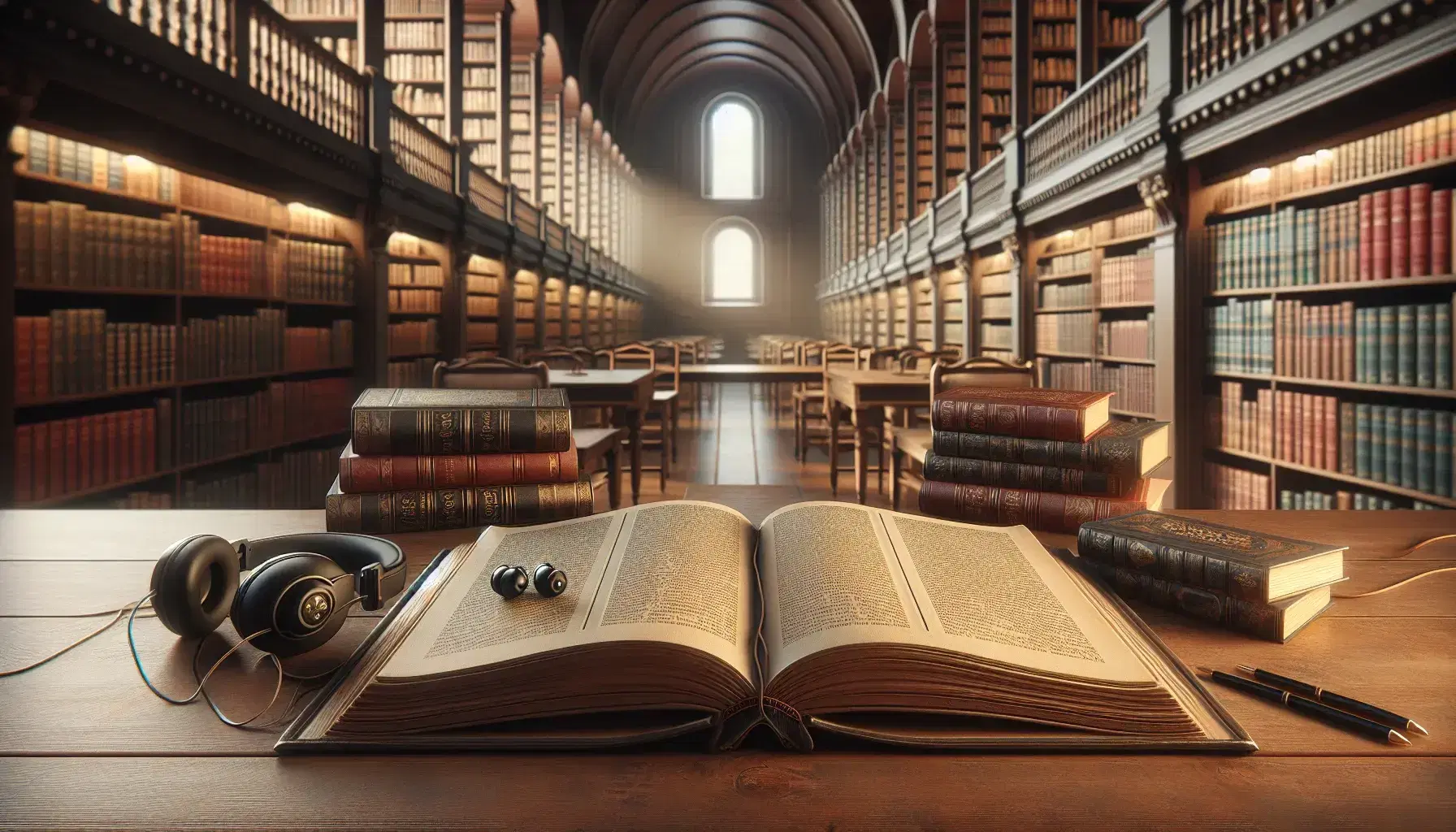 Serene library scene with an open book on a wooden table, flanked by black headphones, and bookshelves filled with colorful spines in soft light.