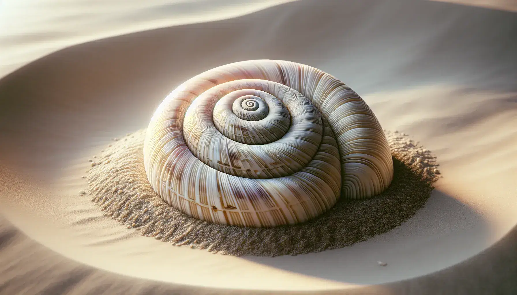Close-up view of a logarithmic spiral seashell with beige, white, and pink hues on a fine golden sandy surface, highlighting natural patterns.