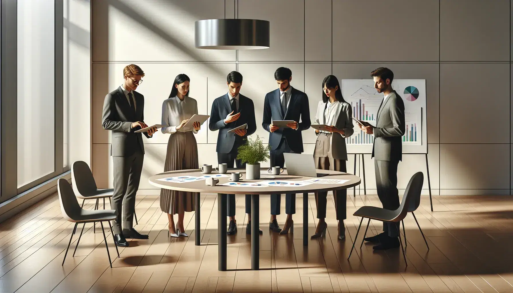 Grupo diverso de profesionales colaborando alrededor de una mesa con tecnología y material de trabajo, en un ambiente iluminado y moderno.