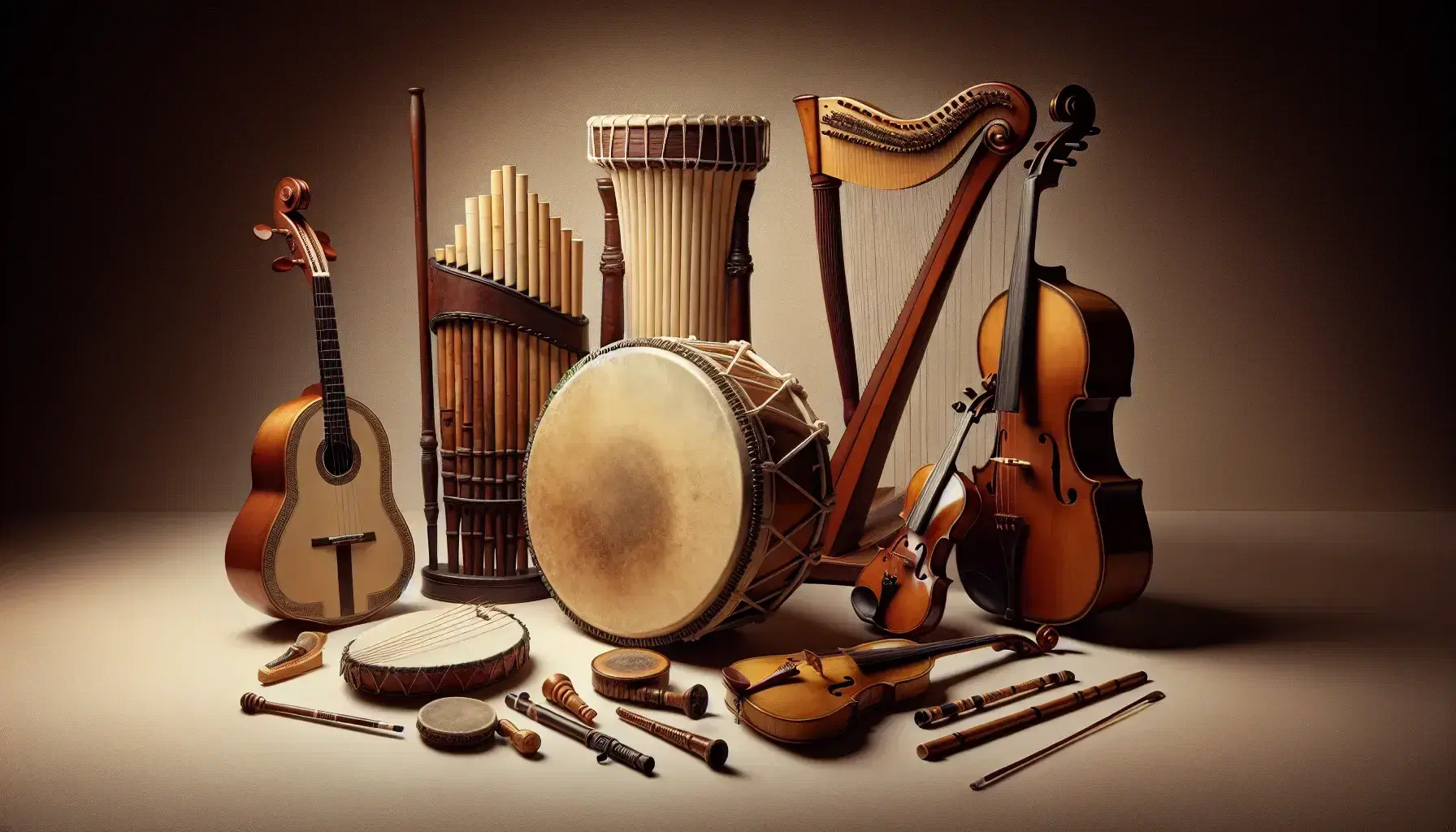 Colección de instrumentos musicales variados, incluyendo un tambor de mano, flauta de pan, laúd, violín con arco y arpa de madera en fondo neutro.