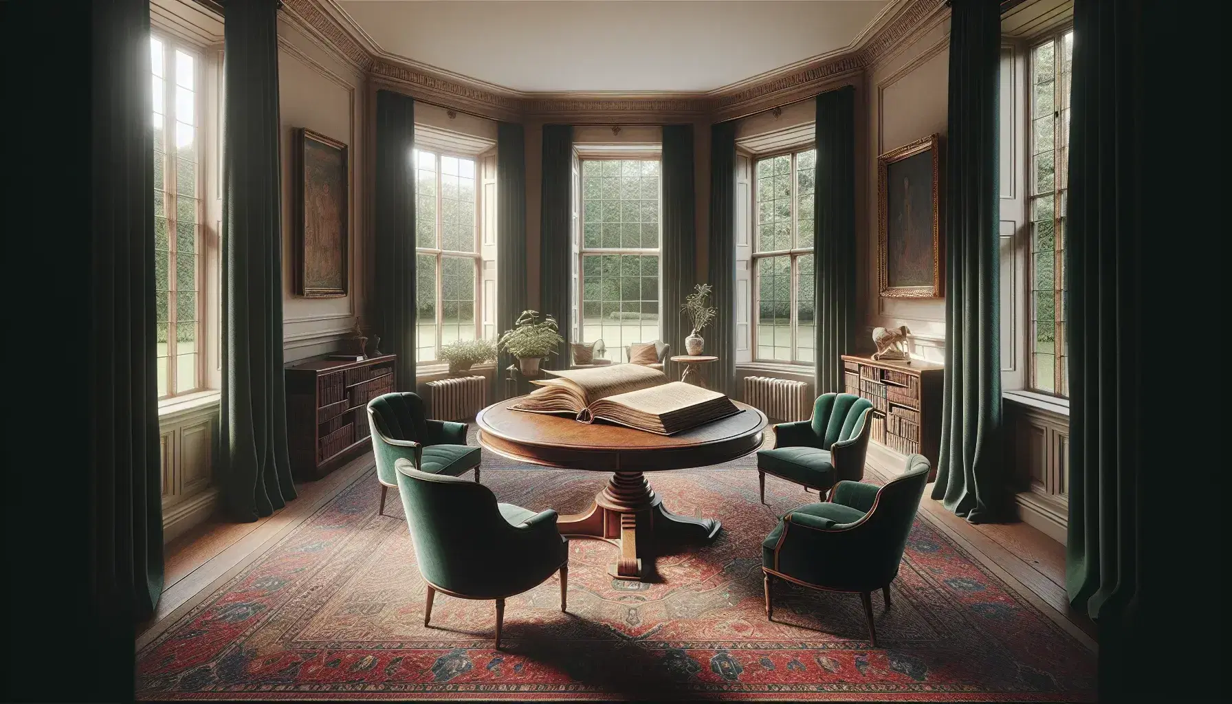 Elegant early 20th-century style drawing room with a round mahogany table, open book, emerald green armchairs, Persian rug, and a bay window overlooking a garden.