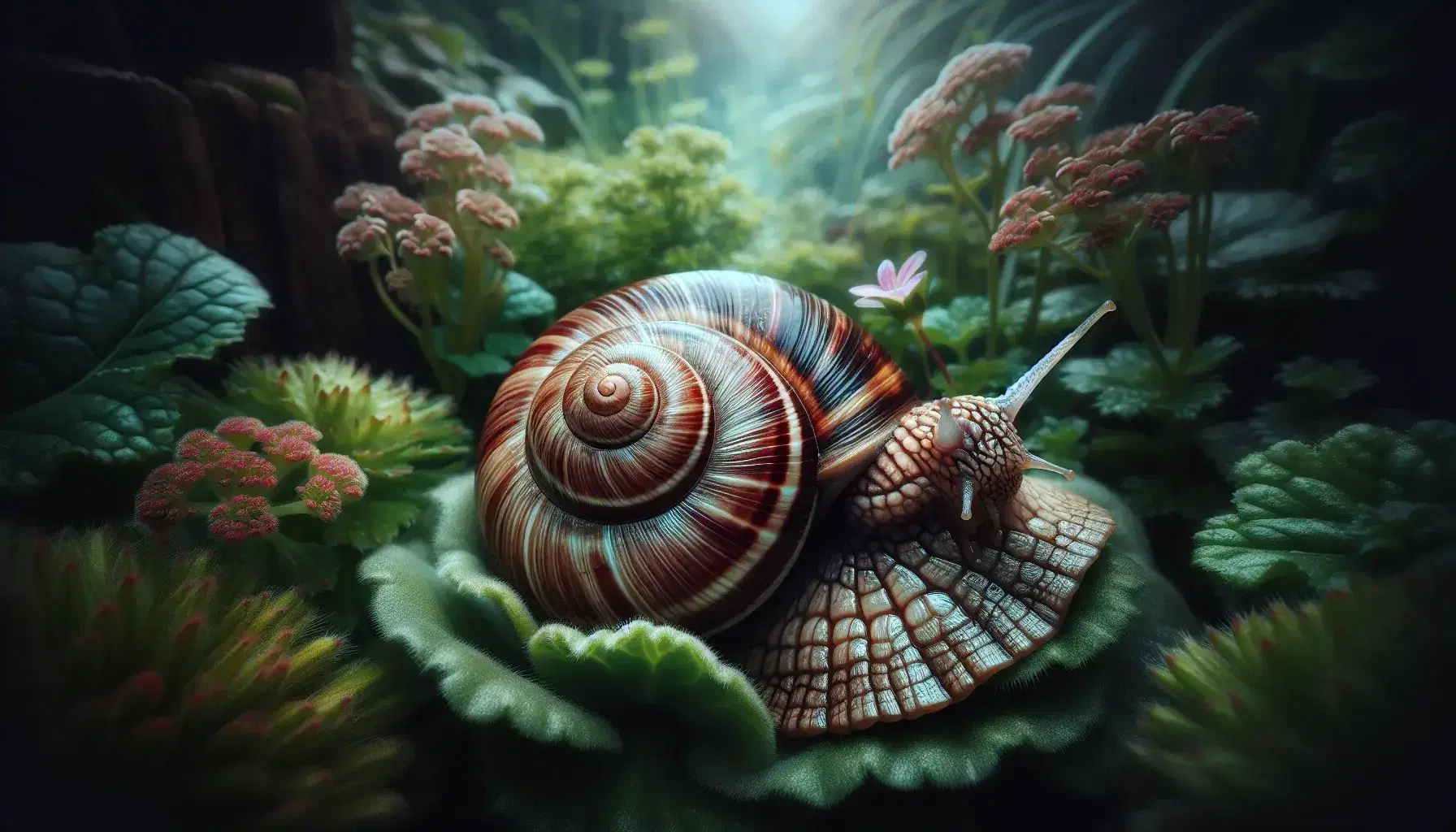 Close-up of a garden snail with a spiraled brown shell and extended tentacles, set against a blurred green leafy background.