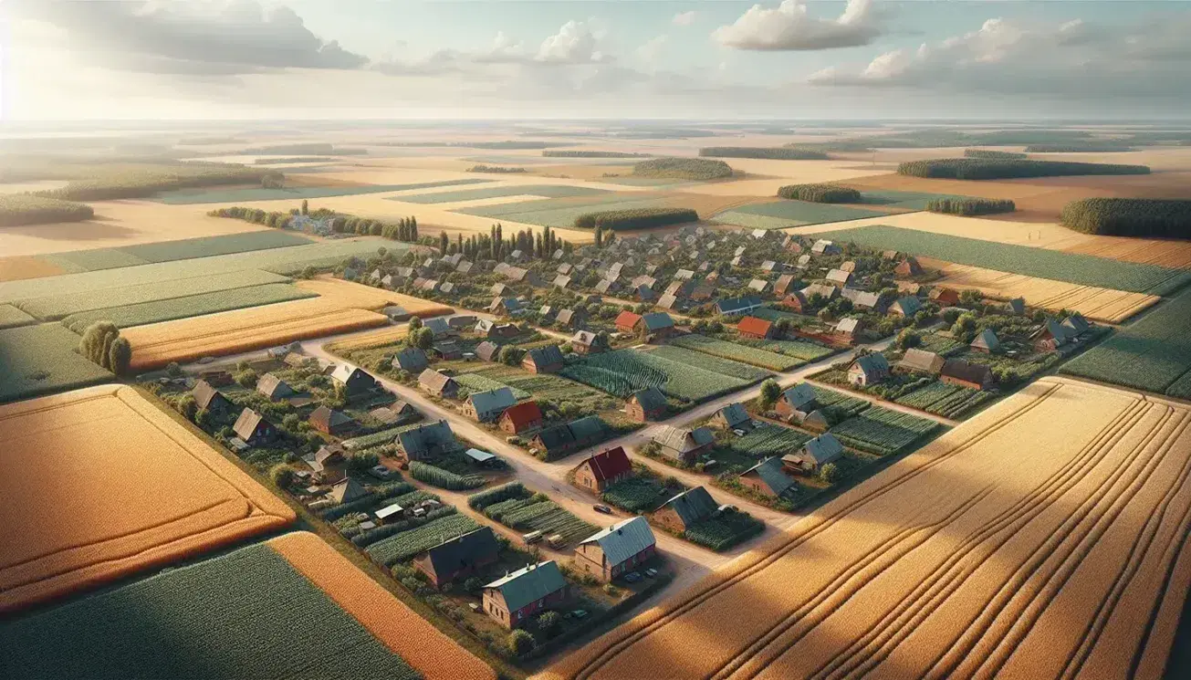 Veduta aerea di un paesaggio rurale ucraino con campi coltivati, un piccolo villaggio centrale e cielo azzurro con nuvole sparse.
