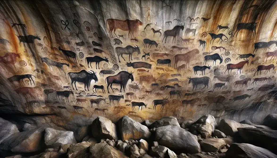 Pitture rupestri preistoriche con bisonti, cavalli e cervi in movimento, figure umane stilizzate e segni geometrici su parete di grotta.