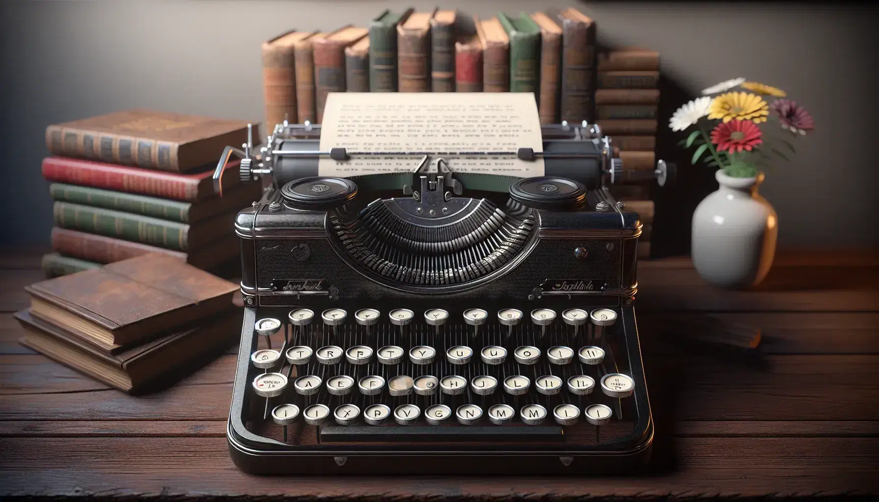 Vintage typewriter with paper inserted on wooden desk, next to a vase with wild flowers and books with no visible titles.