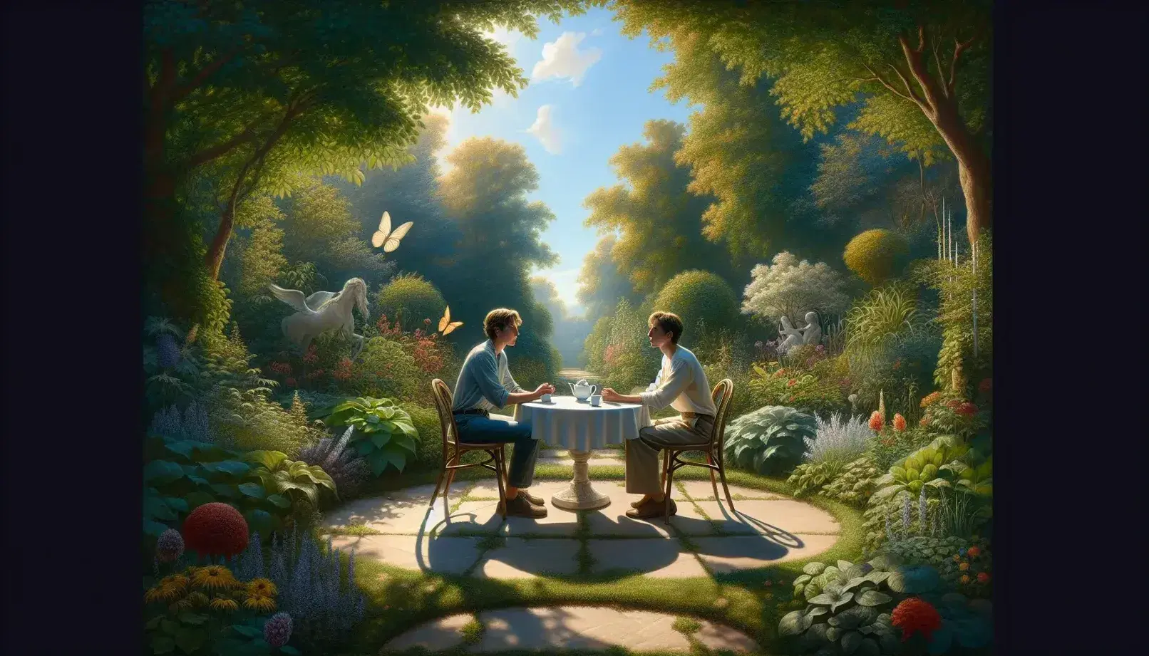Two people engaged in conversation at a garden table surrounded by lush plants and colorful flowers, with sunlight casting shadows.