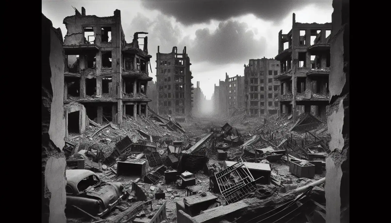 Paisaje urbano devastado por la guerra con edificios derrumbados, escombros y humo en el cielo nublado, transmitiendo desolación.