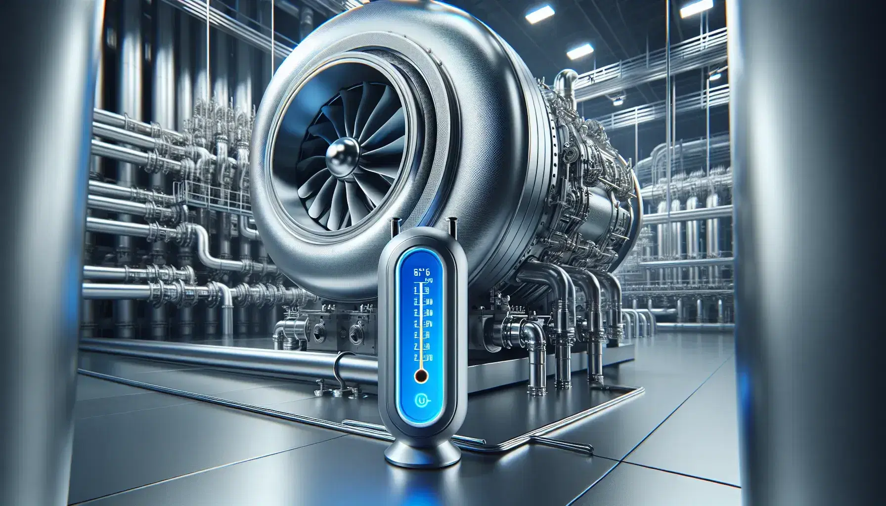 Modern, silvery steam turbine with visible blades, blue digital thermometer on black pipe and blurred heat exchanger in the background.