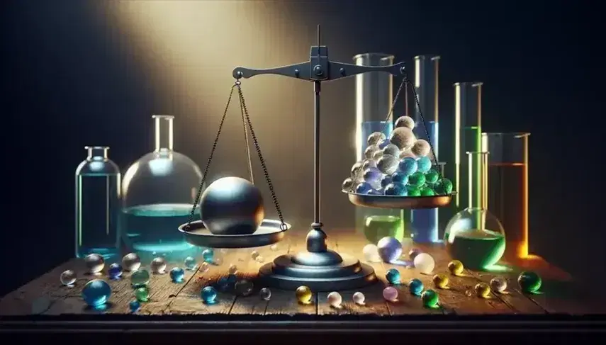 Balanza de dos platos con esfera metálica y montón de esferas coloridas sobre mesa de madera, frascos con líquidos y bloque de hielo al fondo, y globo con gas ascendente.