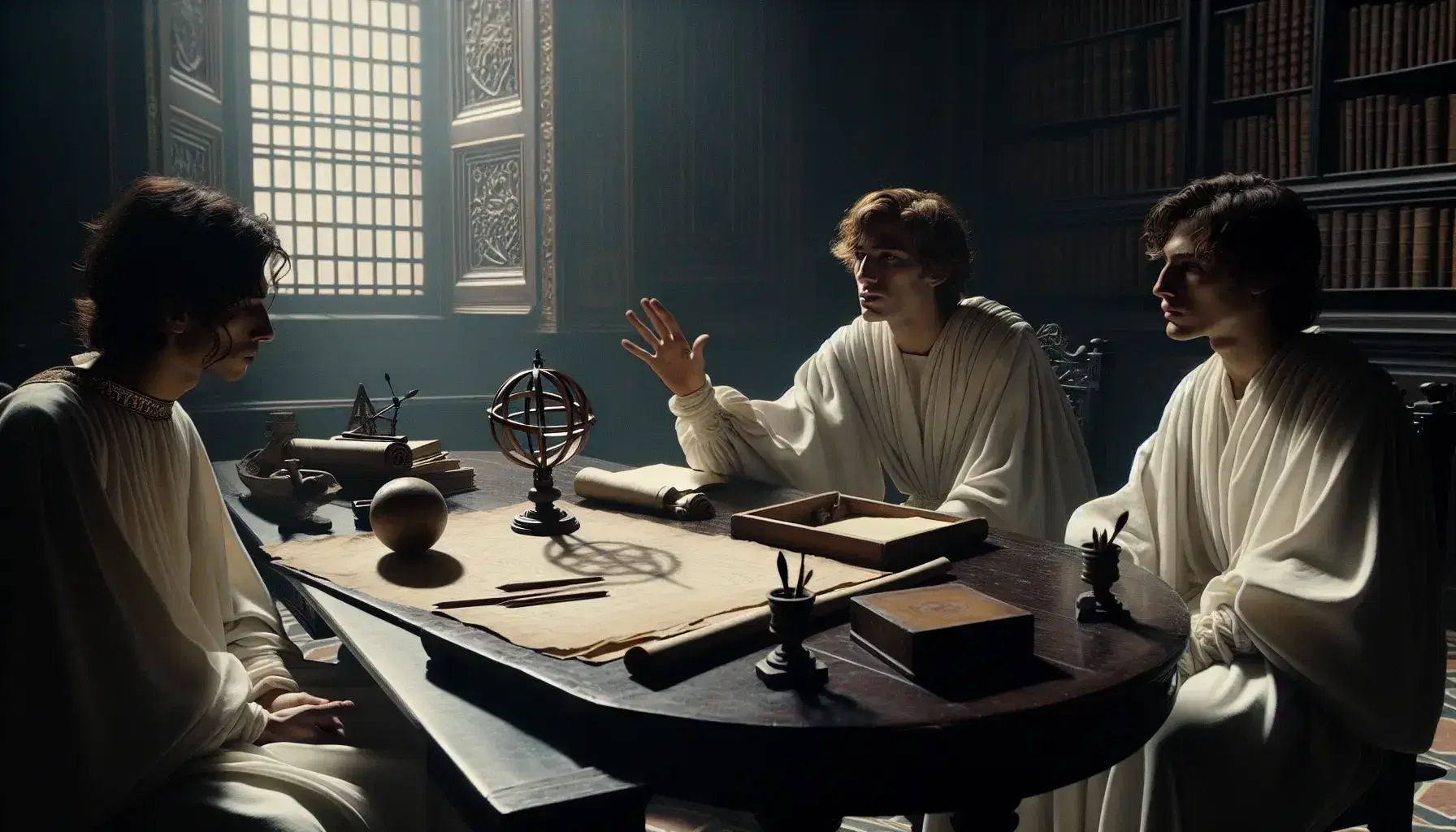 Tres personas en togas al estilo griego antiguo debaten en una biblioteca clásica, con pergaminos, tablillas de cera y un modelo de astrolabe sobre la mesa.