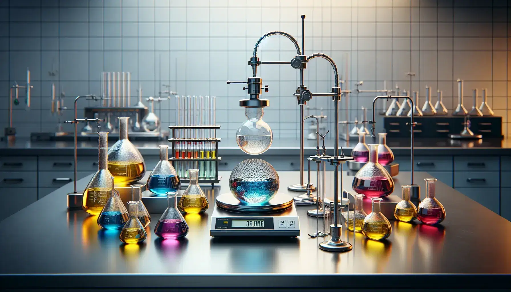 Laboratorio chimico moderno con banco in acciaio, becher colorati, bruciatore Bunsen, bilancia analitica digitale e tubi da prova.