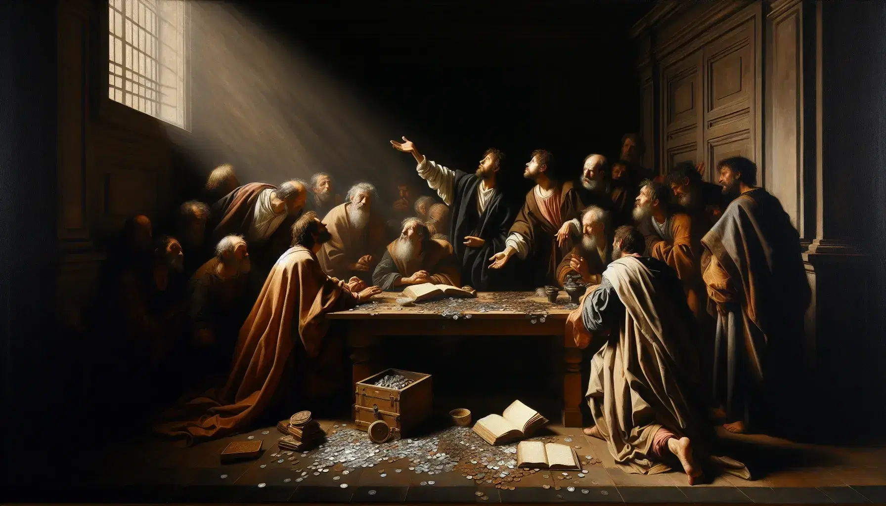 Riproduzione del dipinto 'La Vocazione di San Matteo' di Caravaggio con chiaroscuro, figure in abiti d'epoca e dettagli luminosi.