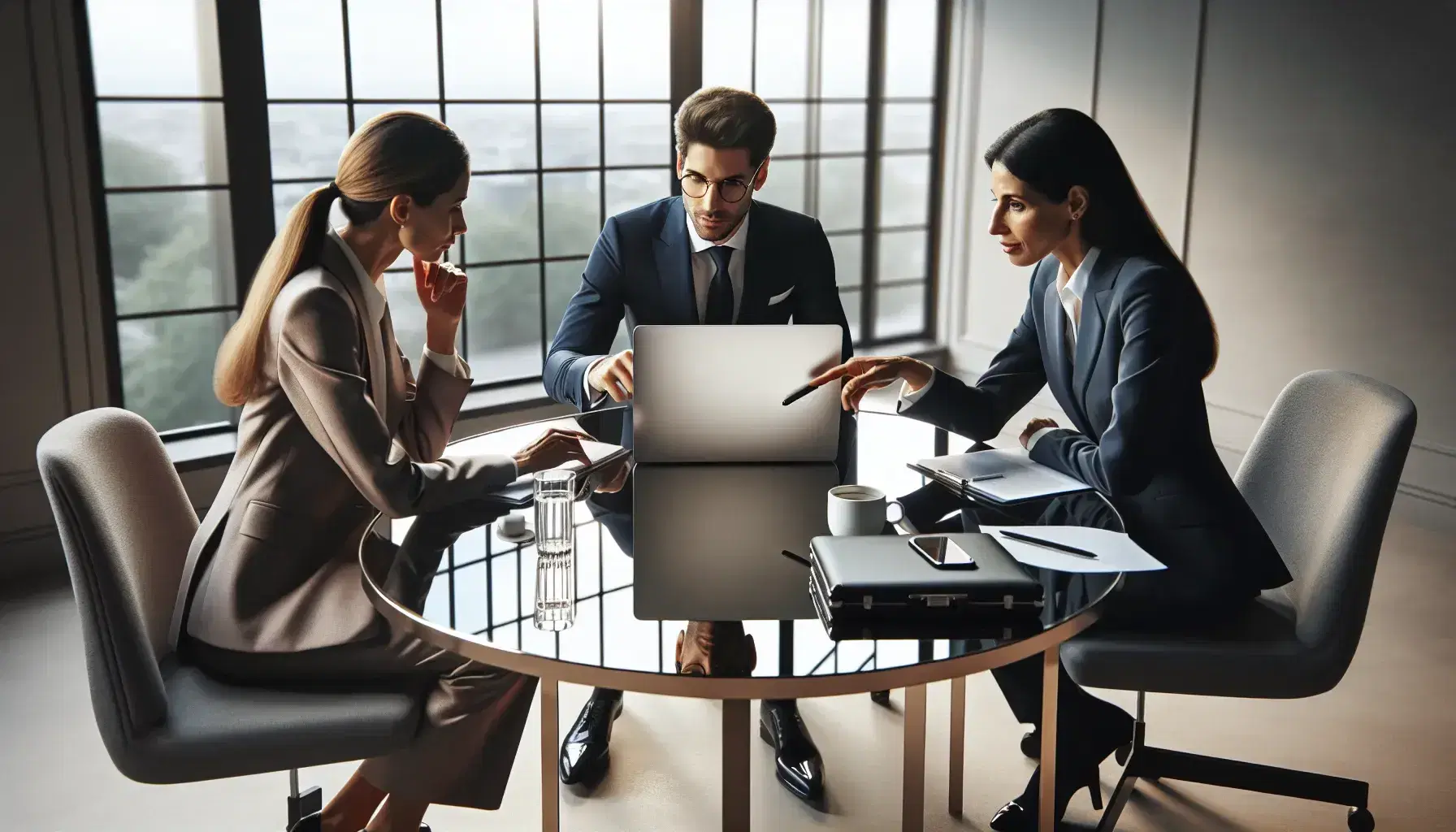 Three professionals in a meeting, with a man pointing at a laptop screen, a woman holding a stylus, and various items on a glass table, against a cityscape backdrop.