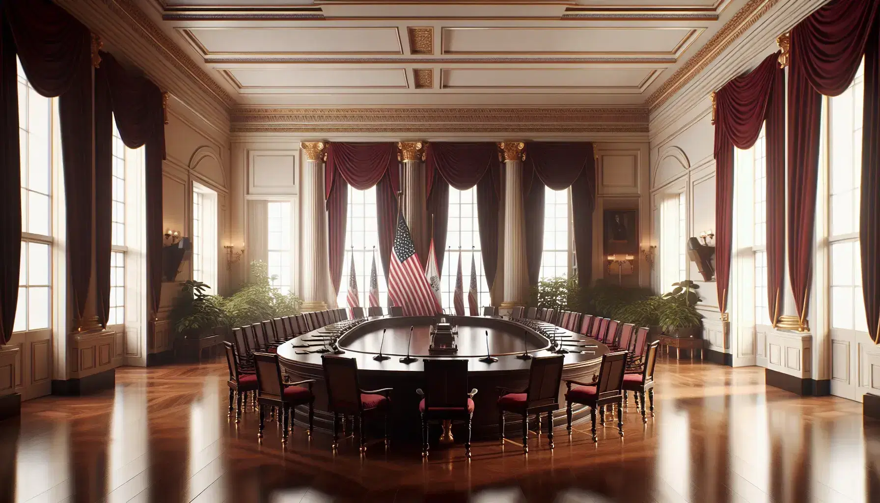 Sala amplia con paredes crema, mesa ovalada de madera oscura, sillas con cojines rojos, micrófonos negros y bandera roja y blanca.