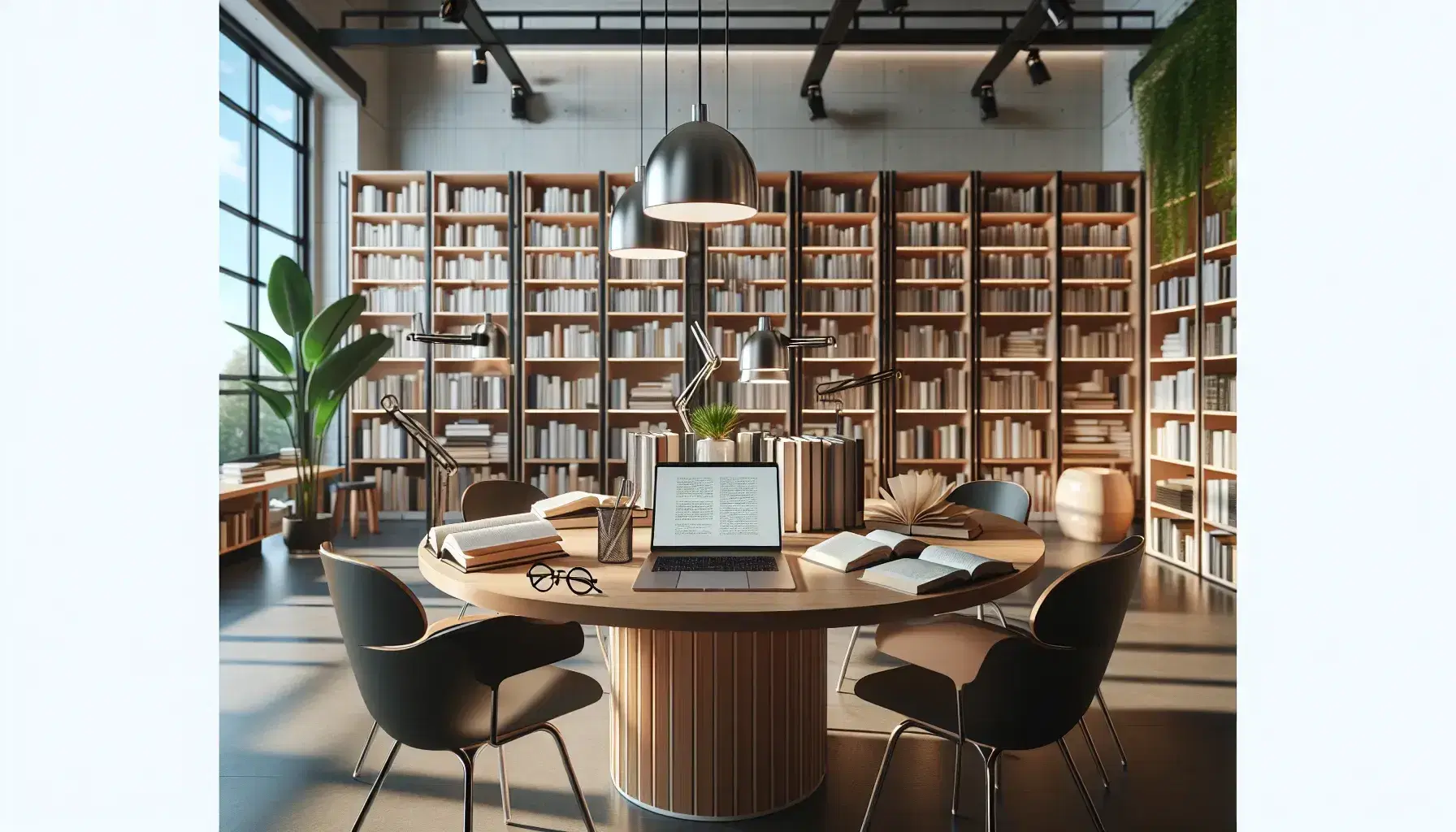 Biblioteca moderna y luminosa con estanterías de madera clara llenas de libros, mesa redonda con sillas negras, libros abiertos, laptop y gafas, planta verde al fondo.