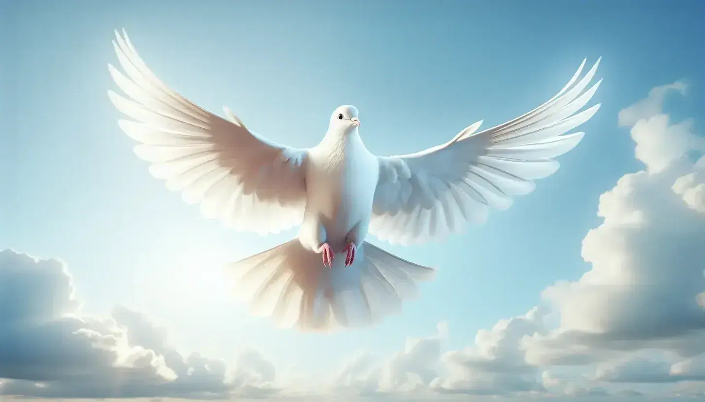 Paloma blanca en vuelo con alas extendidas contra un cielo azul claro y nubes dispersas, iluminada por el sol que resalta su plumaje.
