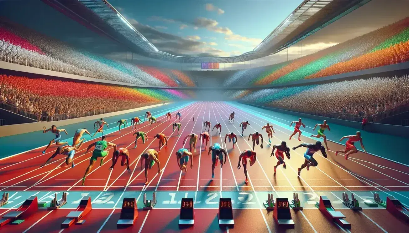 Atleti in gara su pista di atletica rossa in stadio olimpico con spettatori sfocati e cielo azzurro, blocchi di partenza e cronometro spento in primo piano.