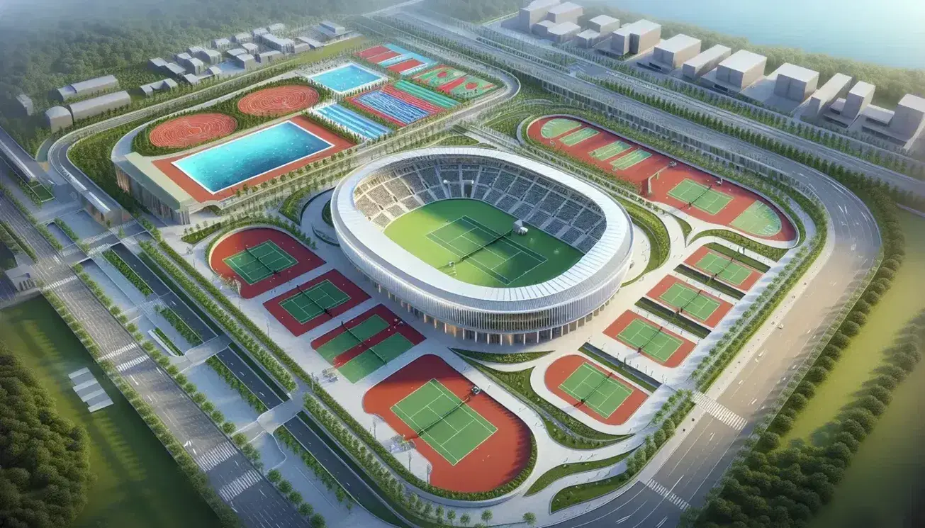 Vista aérea de complejo deportivo moderno con estadio ovalado, canchas de tenis de tierra batida, piscinas de competición y pistas de atletismo rodeadas de zonas verdes.
