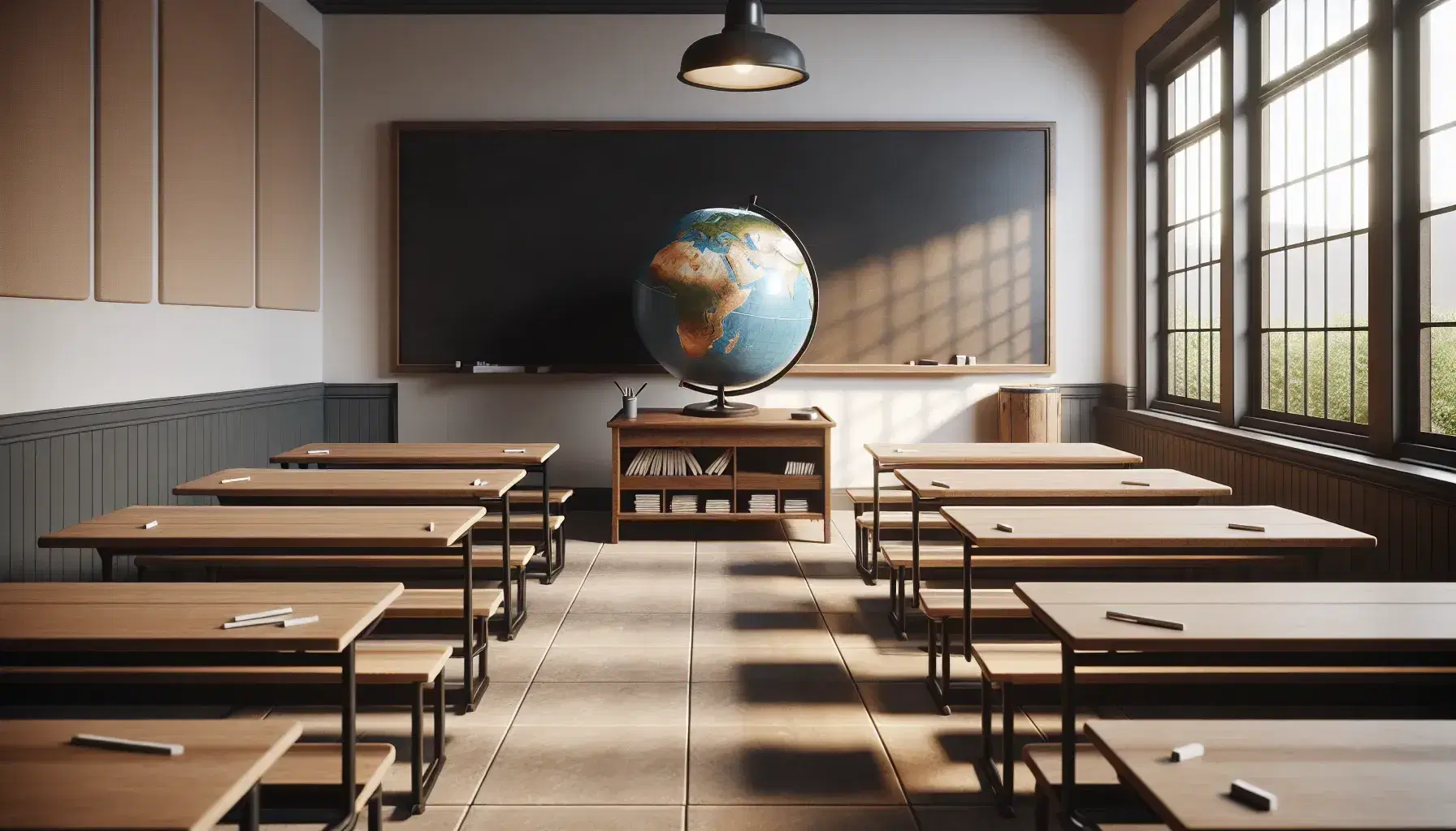 Aula vuota con banchi in legno chiaro, lavagna nera al centro, gessetti bianchi, cancellino grigio e mappamondo colorato.