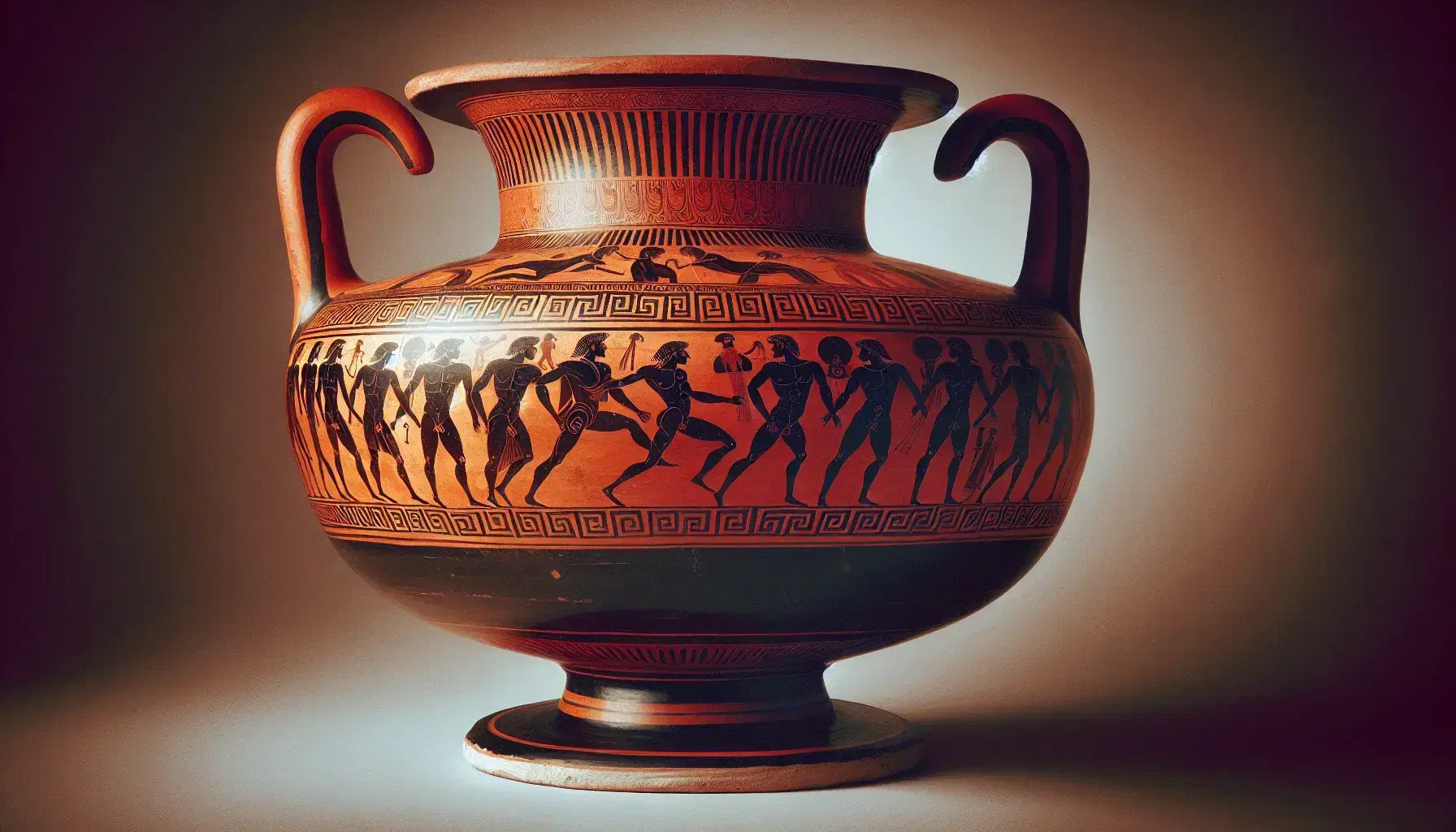 Krater greco antico in terracotta con manici simmetrici e scene mitologiche dipinte, su sfondo neutro che esalta dettagli e colori.