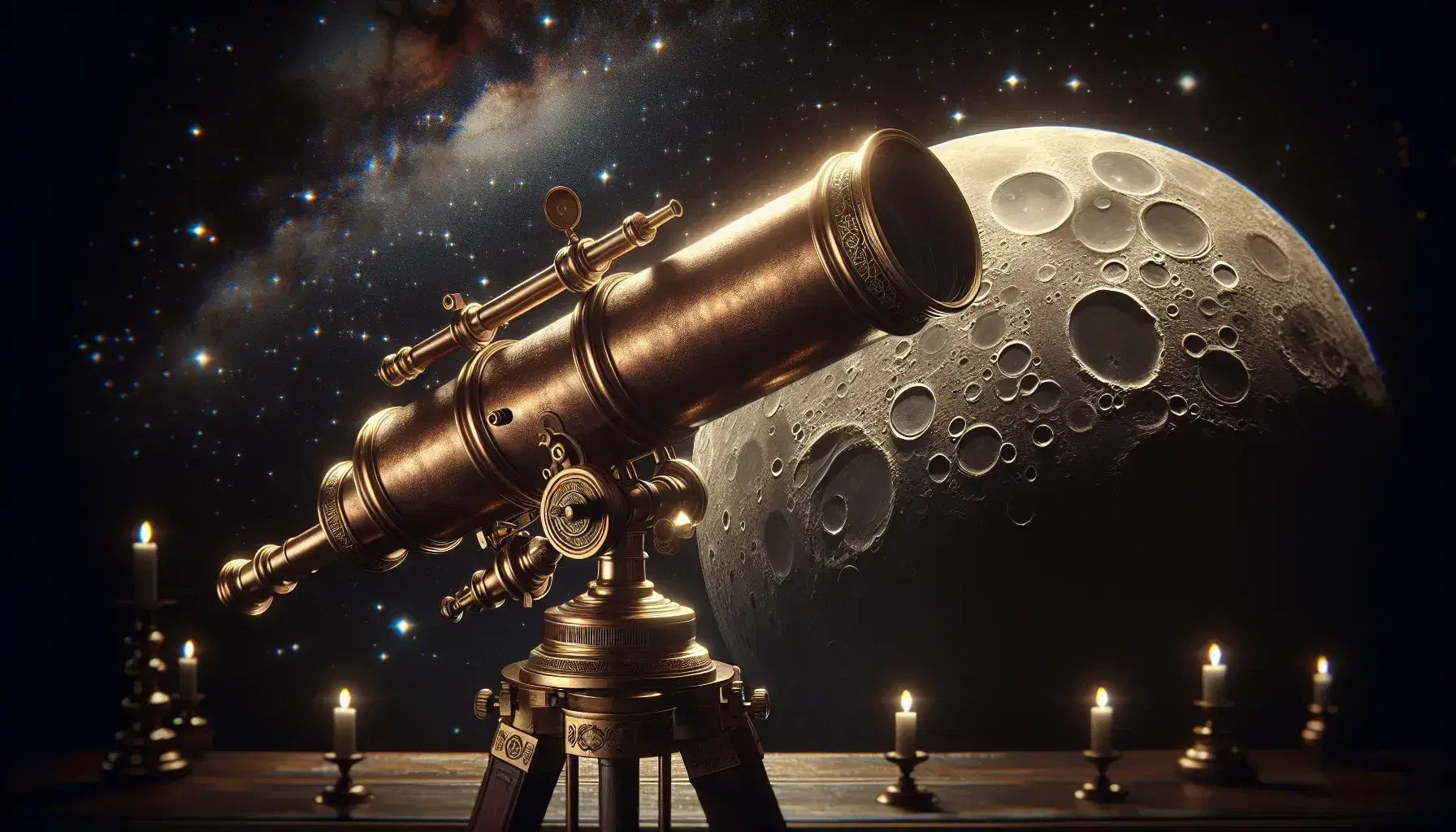Telescopio antico in bronzo su treppiede di legno con cielo stellato e Luna parzialmente visibile sullo sfondo.