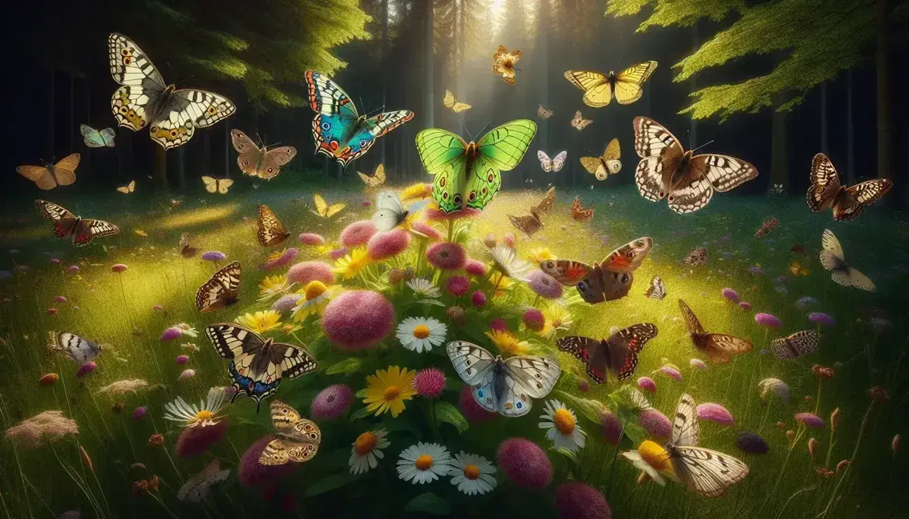 Farfalle variopinte su fiori selvatici in un prato con sfondo di foresta, gioco di luci e ombre naturale, biodiversità.