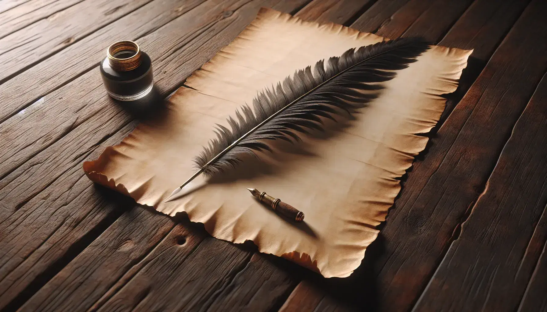 Quill pen on aged parchment with a brass inkwell on a wooden table, evoking a historical writing scene, free from ink stains and distractions.
