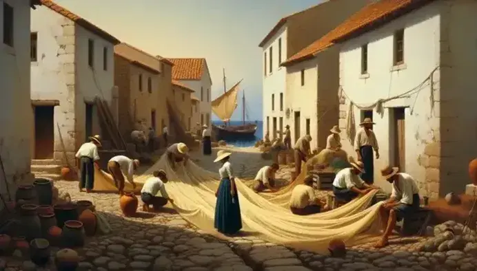 Scena di vita quotidiana in un antico borgo marinaro con pescatori che riparano reti e donna con giara, case in pietra e mare in lontananza.