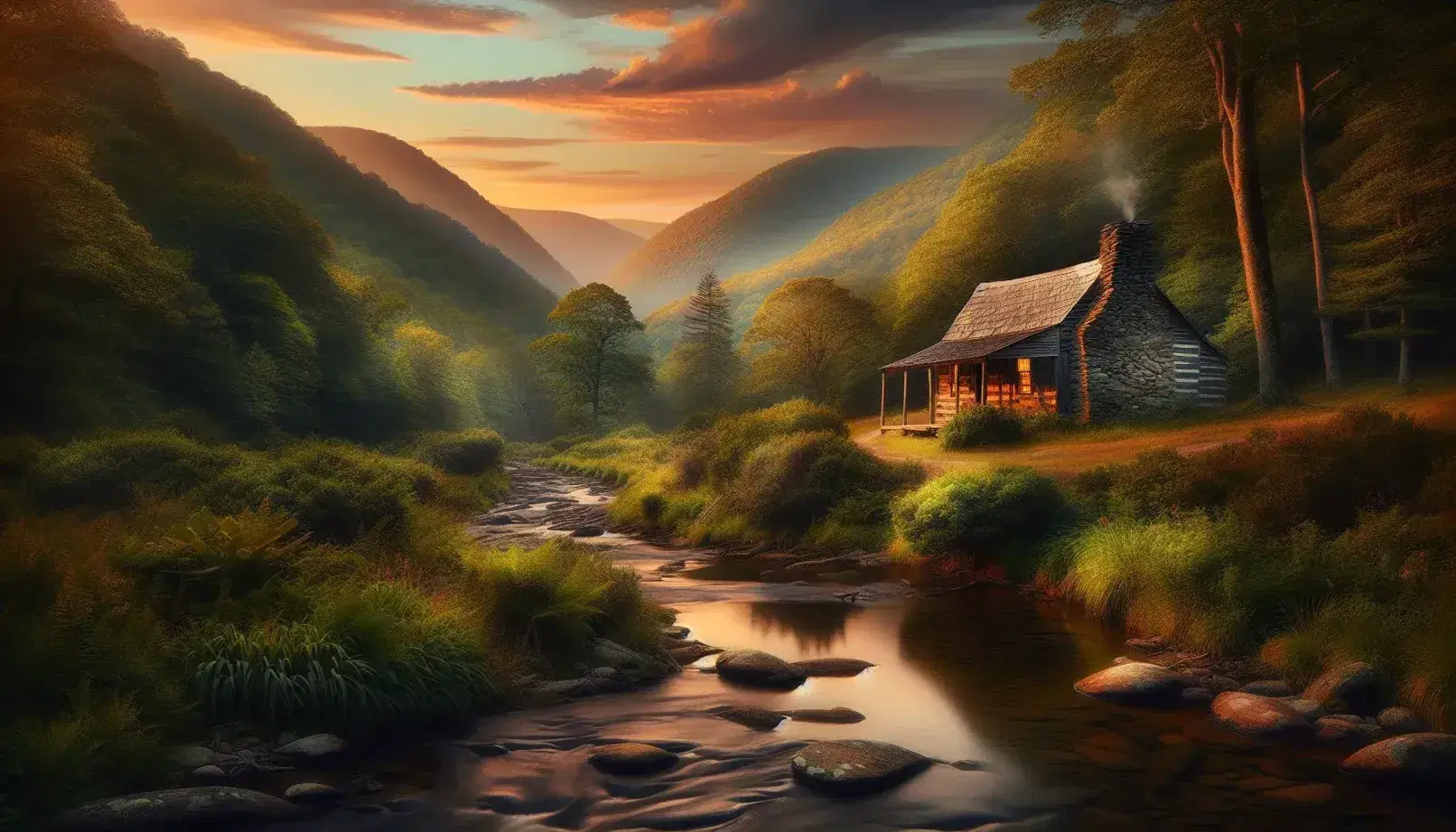 Rustic wooden cabin with stone chimney amidst Appalachian Mountains during golden hour, with a stream reflecting the sunset sky.
