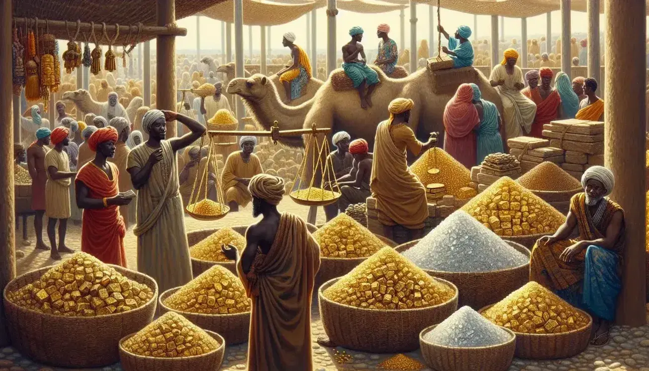 Ancient Ghana Empire market scene with gold nuggets on display, merchant weighing gold, baskets of salt, colorful attire, and camels ready for trade.