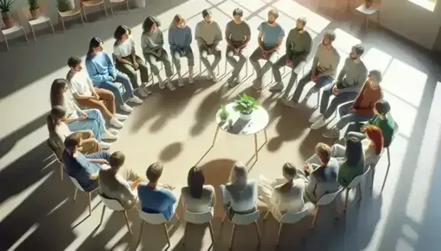 Grupo diverso de personas sentadas en círculo alrededor de una mesa con planta, en un ambiente sereno y acogedor, con vestimenta casual y expresiones atentas.