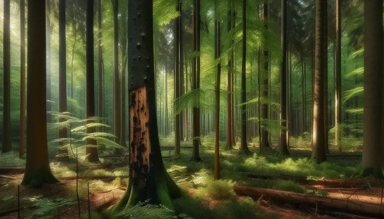 Bosque denso con árboles de distintas alturas y troncos marrones, hojas verdes, suelo con hojarasca y luz solar filtrándose entre el follaje.