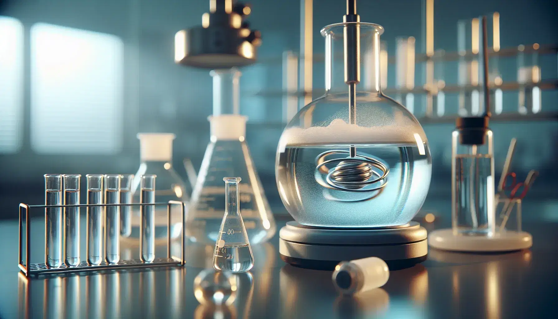 Laboratory with glass flask on magnetic stirrer, colorless liquid and vortex, avenues with colored powders and hand with pipette.