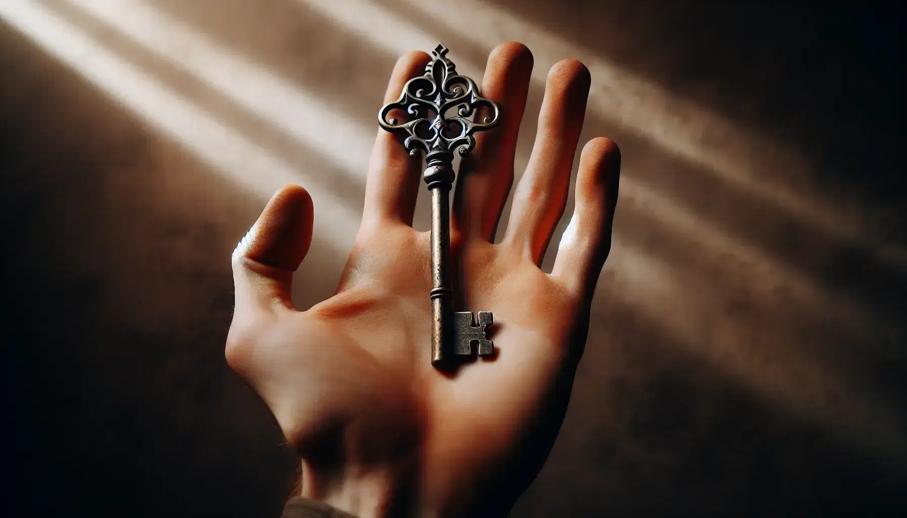 Mano sosteniendo llave antigua de metal con diseño ornamental y dientes irregulares, mostrando detalles y texturas bajo una iluminación que resalta su forma.