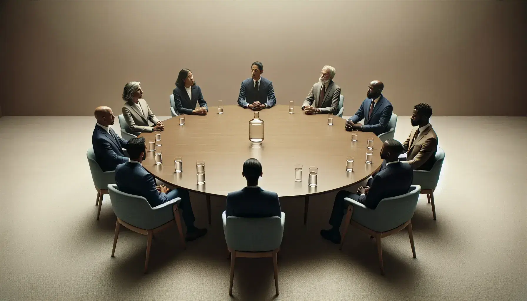Round light wooden table with six dark blue chairs in a neutral room, three men and three women in formal clothes are actively discussing.