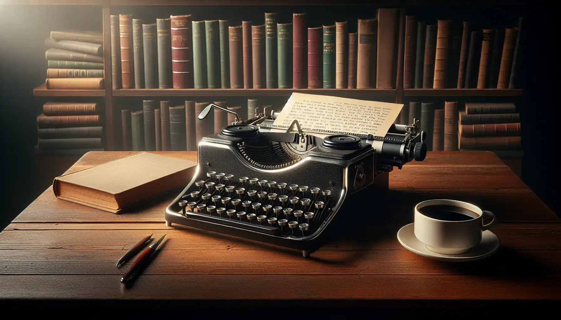 Vintage typewriter on wooden desk with open book and steaming coffee mug, bookshelf in background, warm lighting accentuating textures.
