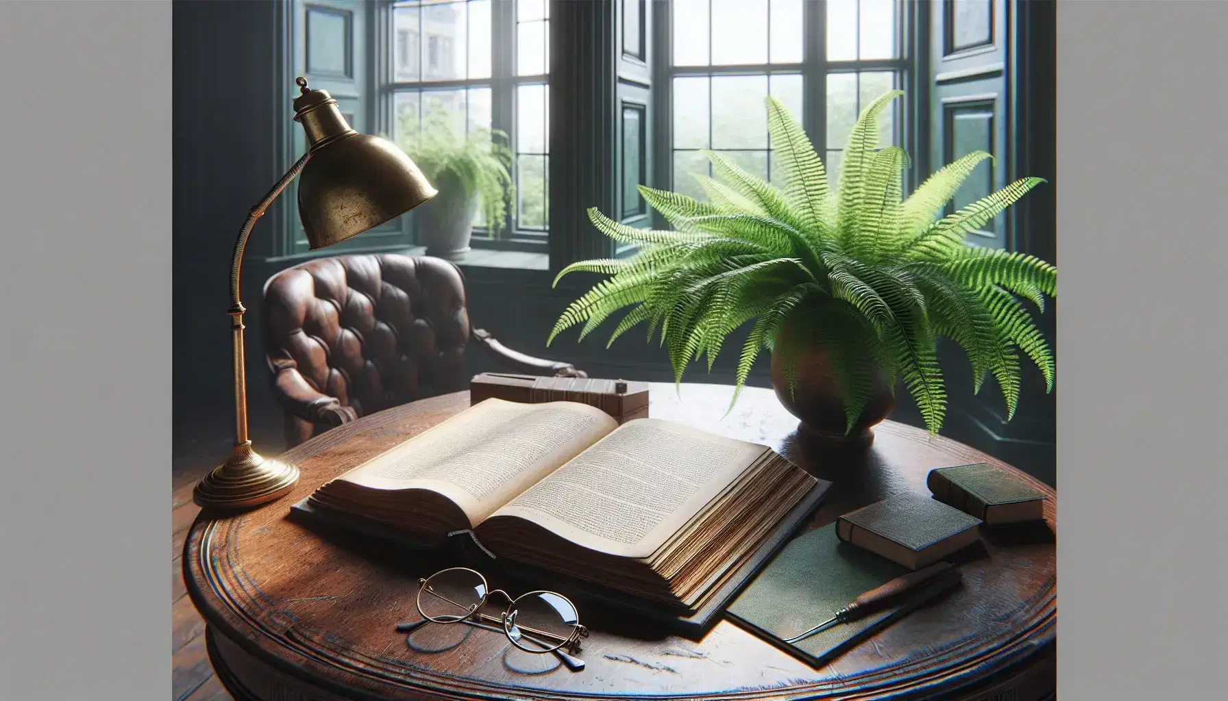 Serene study room with antique desk, open book, wire-framed glasses, and brass lamp, beside a lush fern and leather armchair near a bay window.