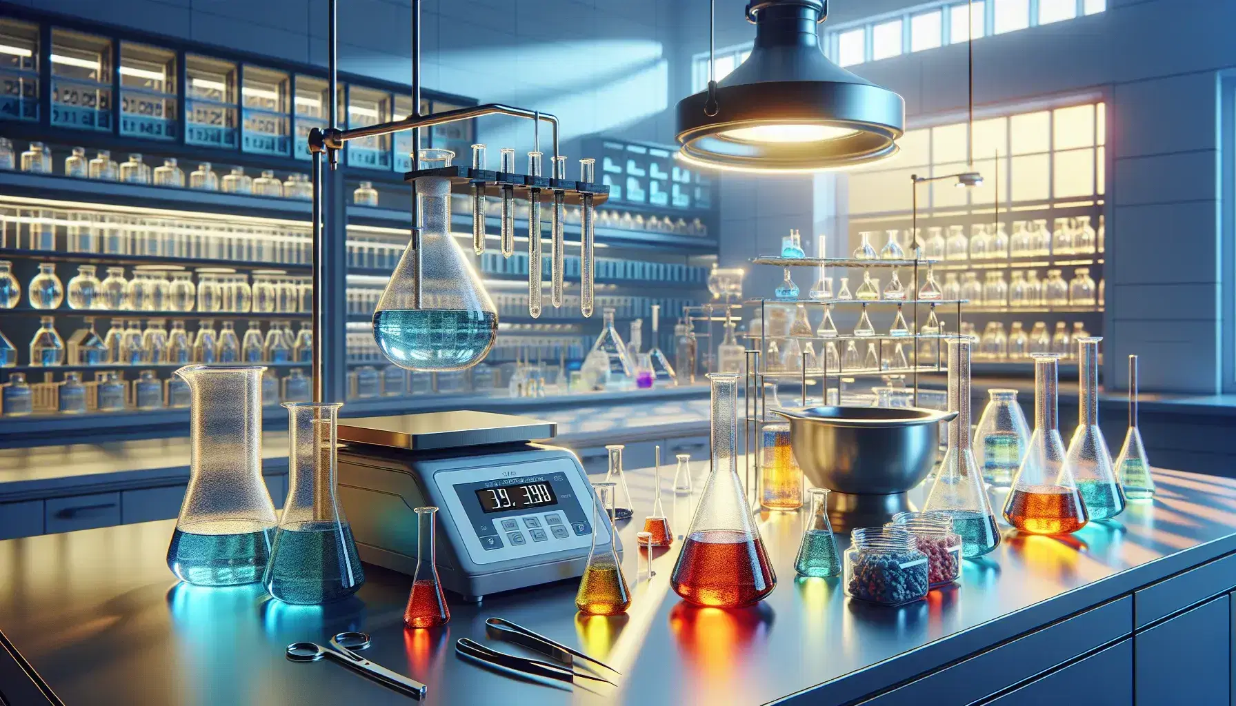 Laboratorio scientifico moderno con provette e becher su banco di lavoro, bilancia digitale e contenitori su scaffali, ambiente luminoso.