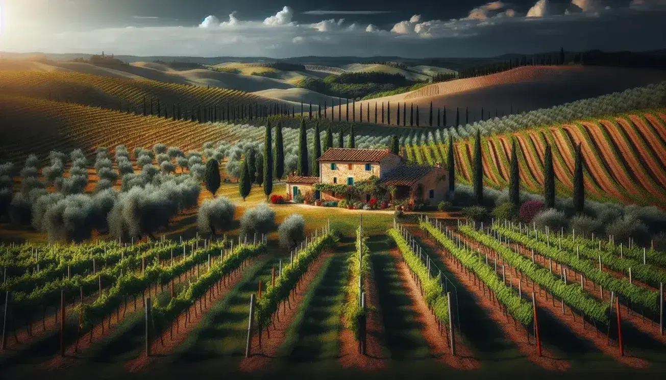 Paesaggio toscano con cottage in pietra, vigneto e uliveto sotto cielo azzurro, colline ondulate e cipressi in lontananza.