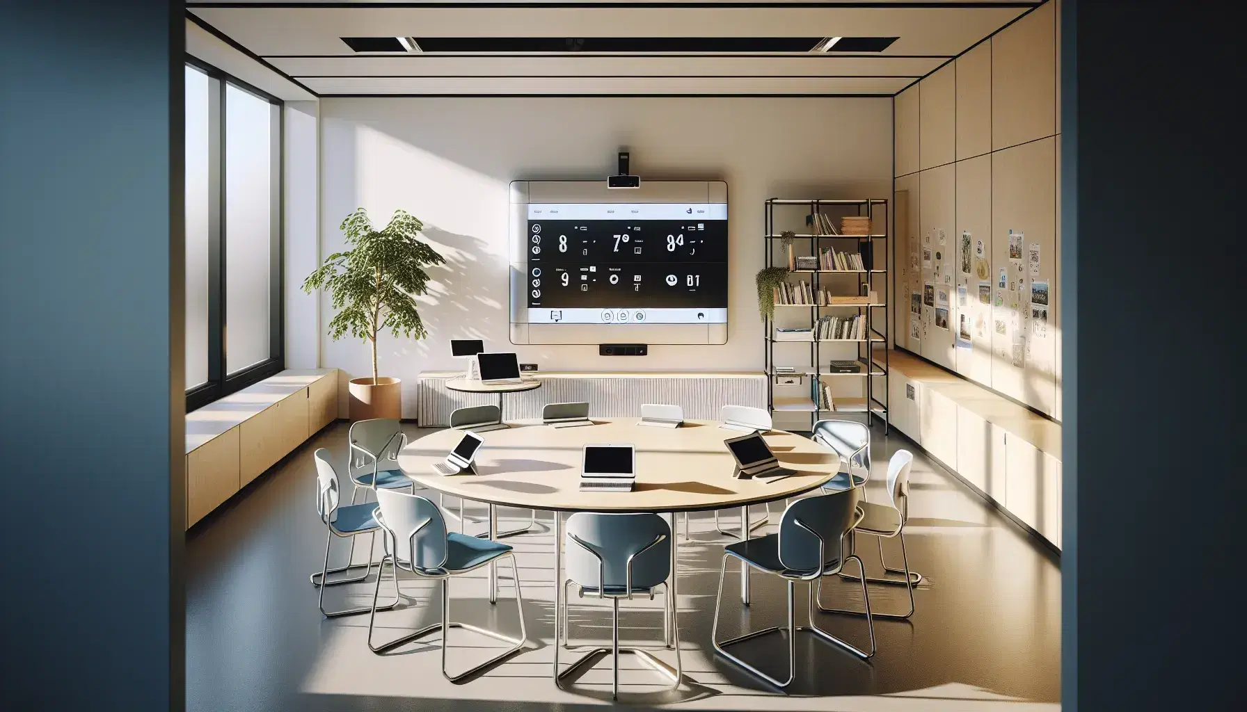 Aula moderna y luminosa con mesa redonda, sillas ergonómicas azules, tabletas digitales, pizarra interactiva apagada y estantería metálica con equipo audiovisual, junto a una ventana grande y planta verde.