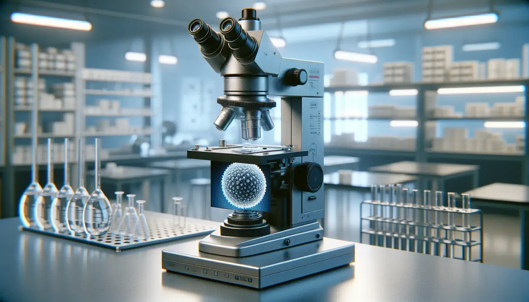 Microscopio electrónico en primer plano con pantalla mostrando estructura esférica tipo virus en laboratorio de investigación con estantes y material de laboratorio al fondo.