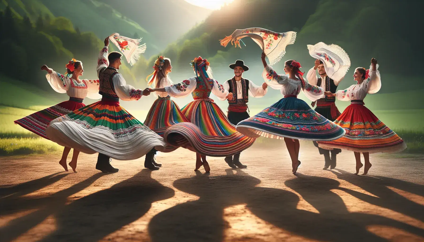 Grupo de cinco personas realizando danza folclórica en trajes tradicionales coloridos, con faldas amplias, chalecos bordados y sombreros, en un entorno natural soleado.