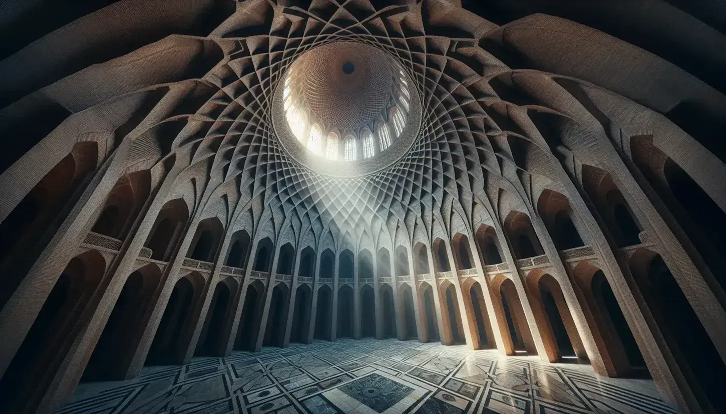 Interno di una cupola in mattoni con costoloni e archi incrociati che convergono verso l'oculo centrale, pavimento a scacchiera in marmo.