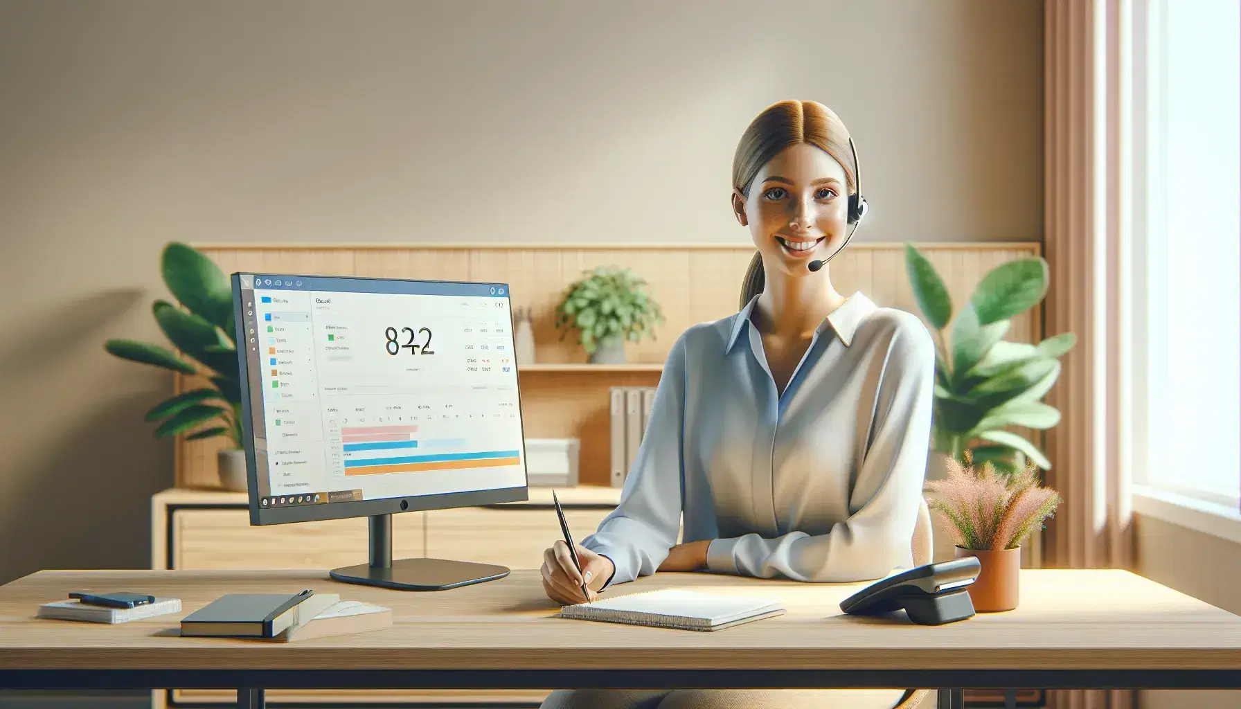 Mujer sonriente en oficina de atención al cliente con auriculares, escritorio con teléfono y monitor con gráficos, planta al lado.