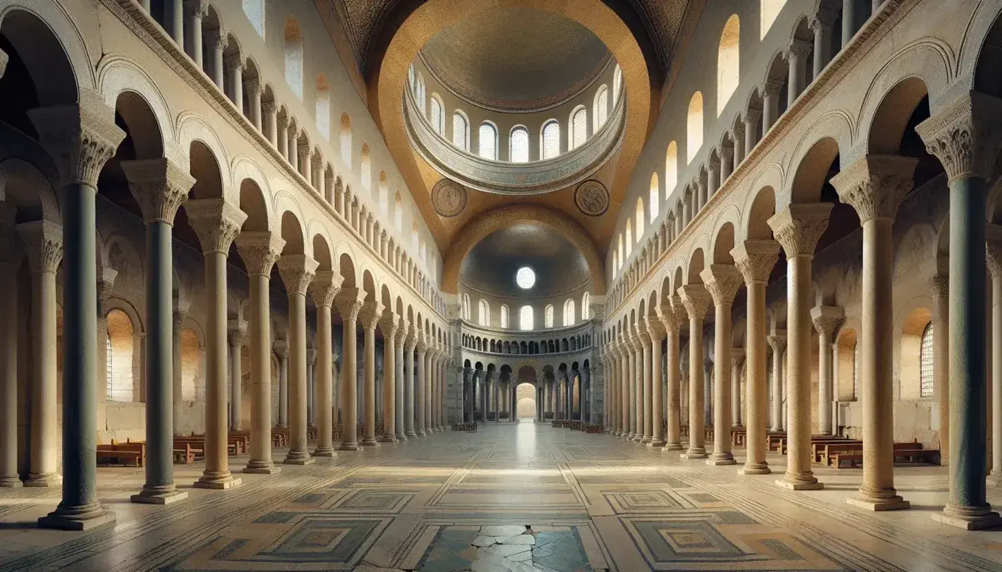 Interno di una basilica cristiana antica con navata centrale, colonne marmoree, archi, finestre cleristoriali e mosaico nell'abside.