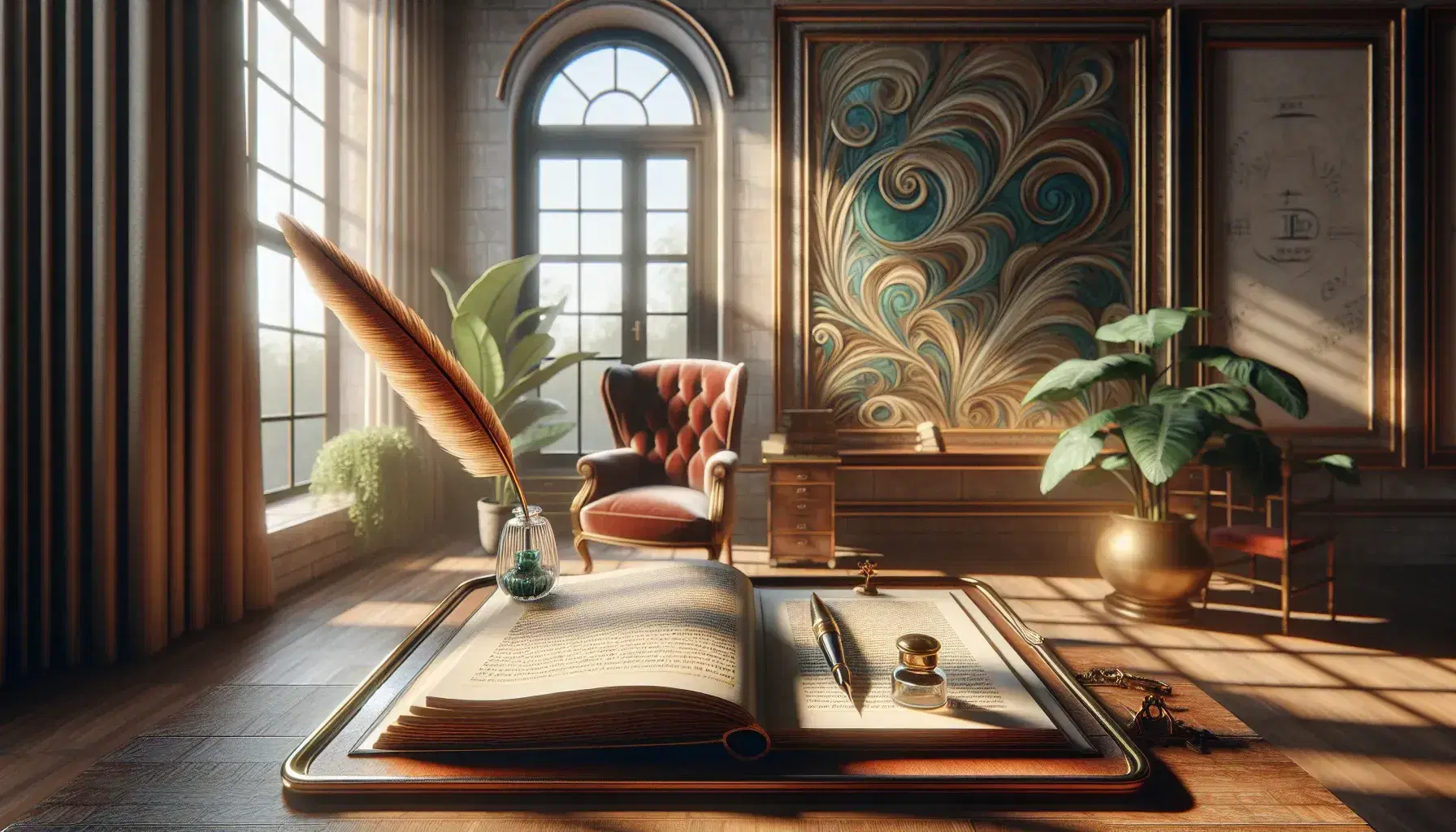 Serene study room with a large wooden desk, open book, quill pen and inkwell, potted plant, and a plush red armchair near a window with soft light.