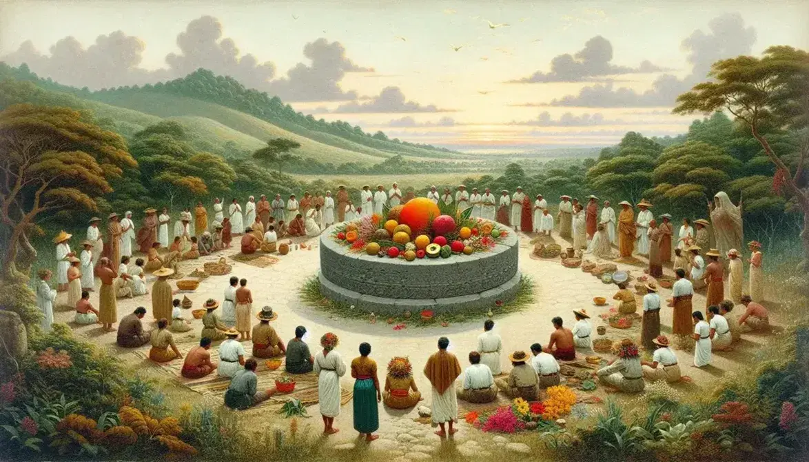 Grupo de personas en ritual tradicional al aire libre con altar de piedra, ofrendas de frutas y flores, rodeados de colinas verdes al amanecer o atardecer.