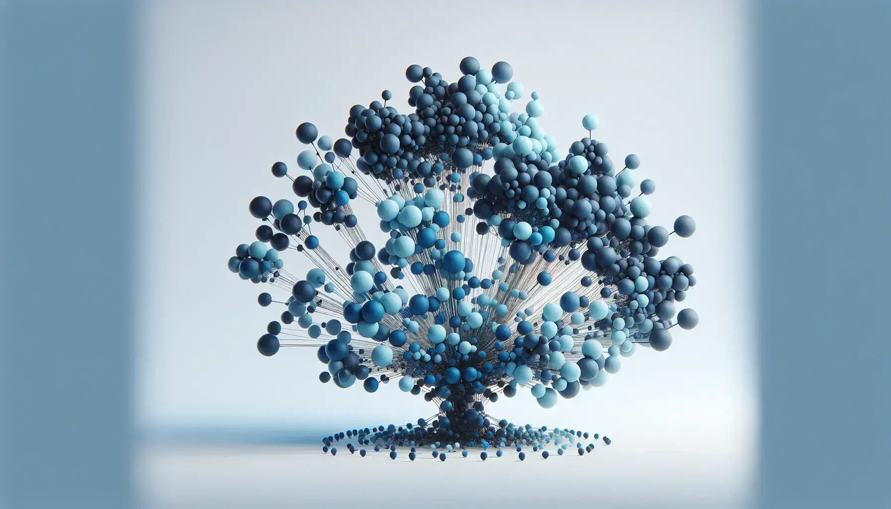 Estructura tridimensional con esferas azules conectadas por líneas delgadas, imitando la forma de un árbol o arbusto, sobre fondo blanco.